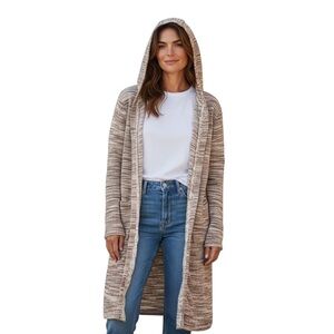 Chico's Tan metallic gold open front Hooded duster Cardigan Sweaters size small